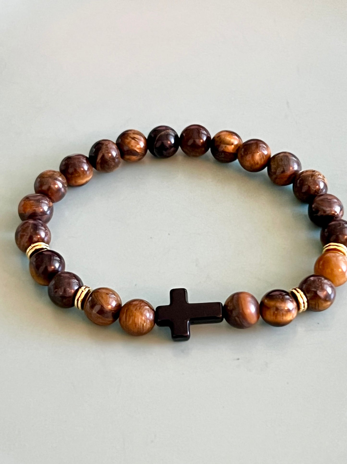 Chic Brown Bead and Black Cross Elastic Bead Bracelet. Natural Stone, Boho style