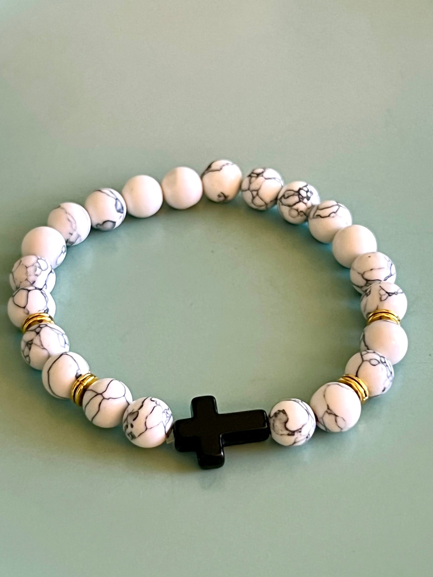 Chic White Bead and Black Cross Elastic Bead Bracelet. Natural Stone, Boho style