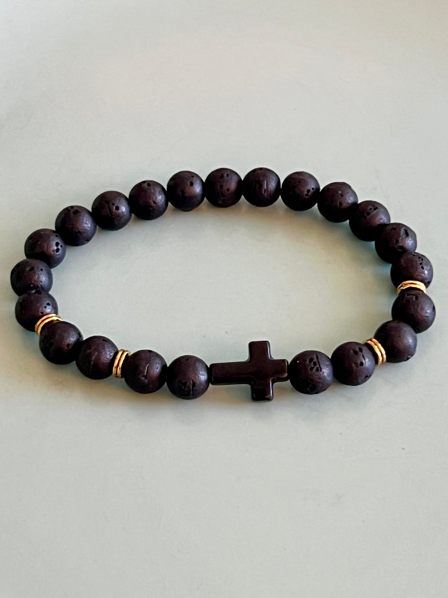 Chic Charcoal Colored Bead and Black Cross Elastic Bead Bracelet. Natural Stone, Boho style