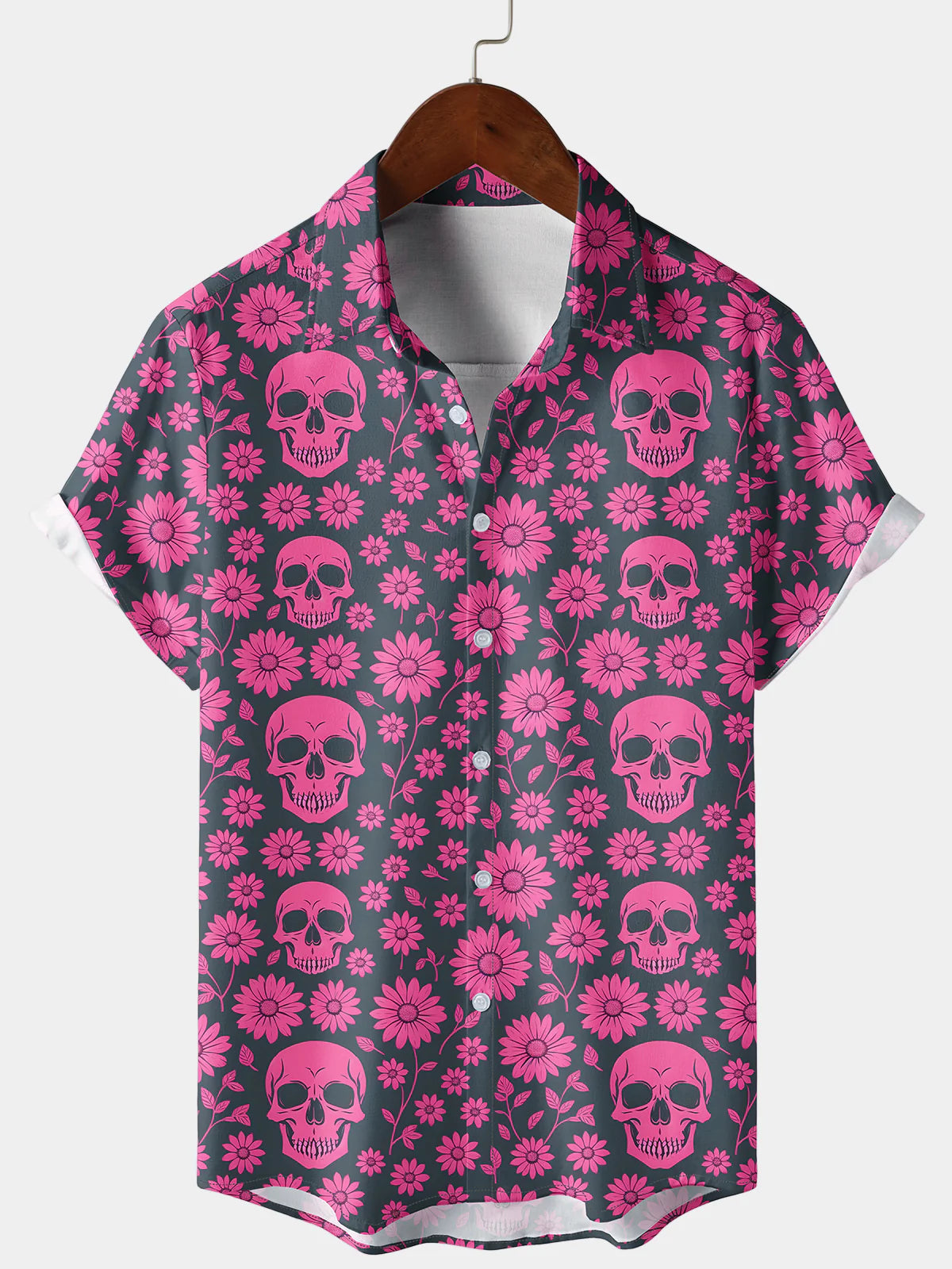 Men’s Floral Pink Skull Short Sleeve Button Down Shirt