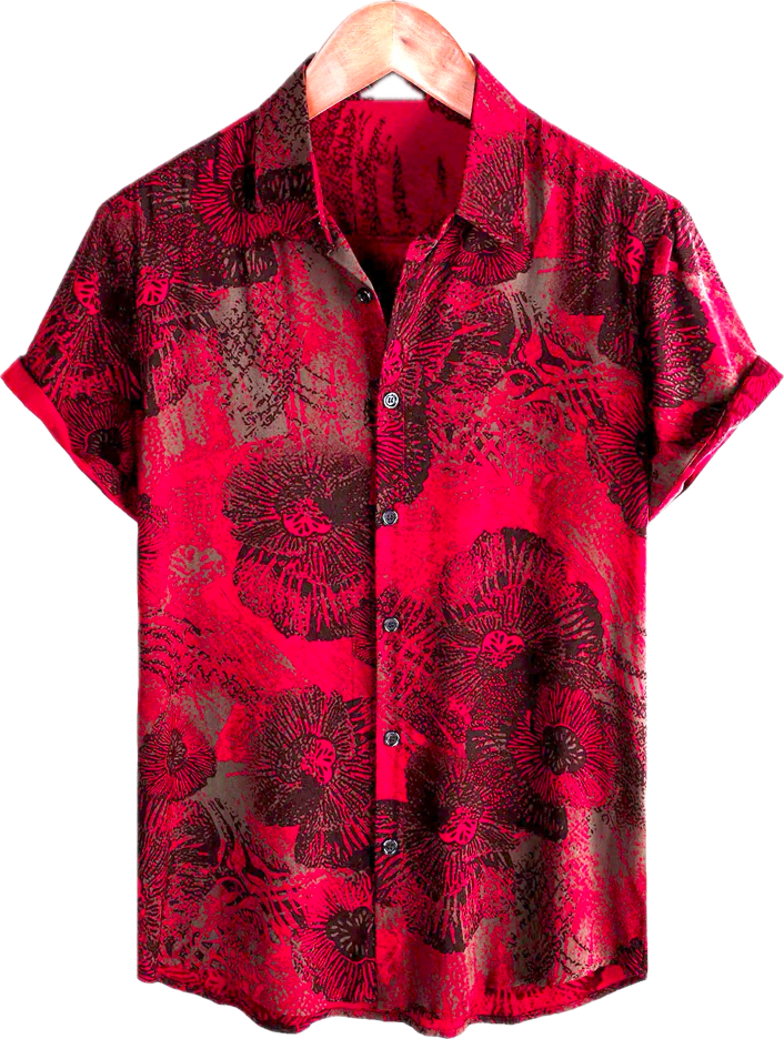 Men’s Red Floral Button Down Short Sleeve Shirt