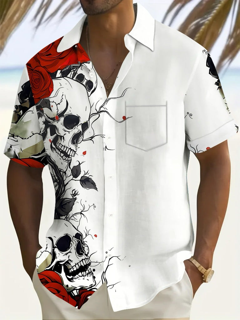 Men’s Short sleeve button up Black Skull & Red Rose White Shirt