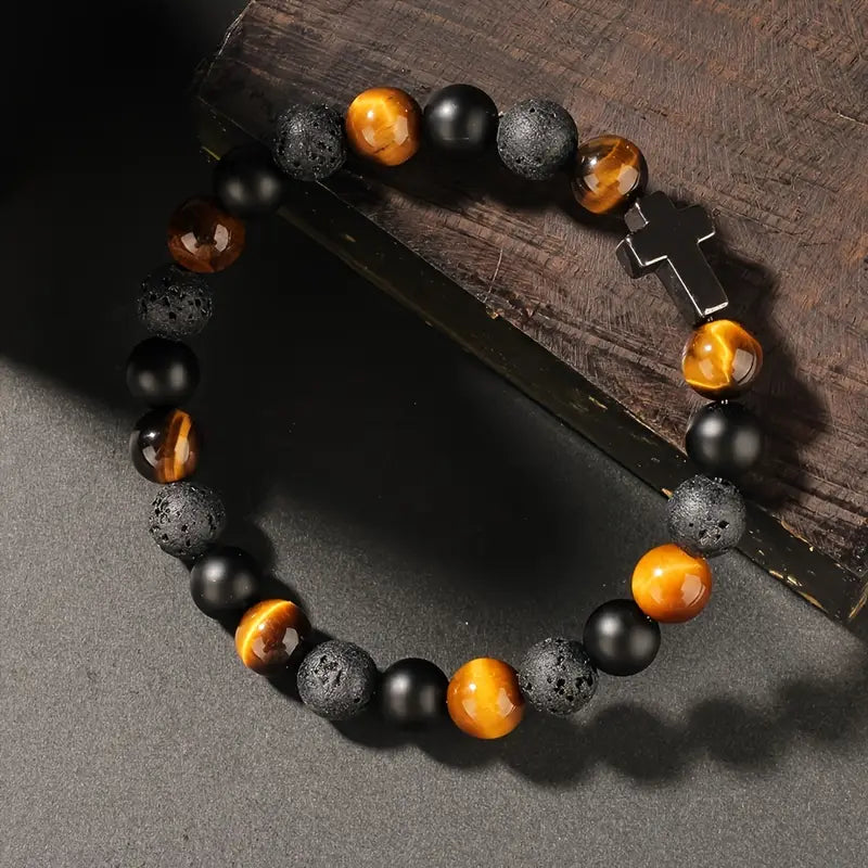 Tiger Eye Black, Gray, and Brown Retro Cross Bracelet