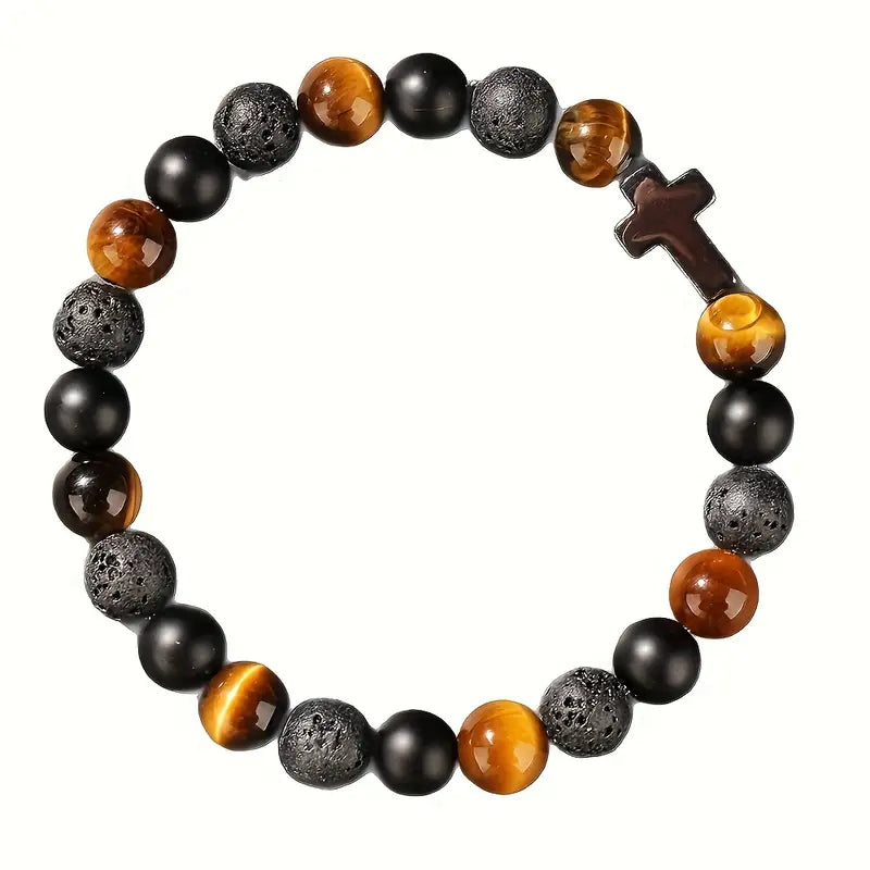Tiger Eye Black, Gray, and Brown Retro Cross Bracelet