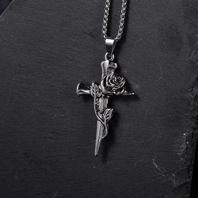 Silver Rose Cross Necklace