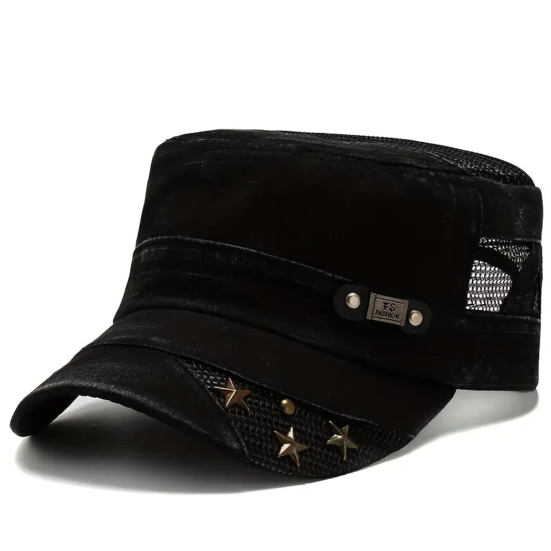 Men’s Sporty Flat Top Hat, Black Polyester breathable Mesh Panel & Star Accents.