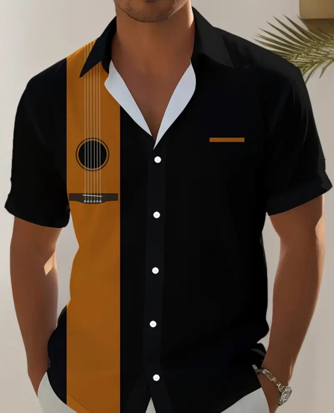 Black and Orange Guitar Button Down Short Sleeve Shirt