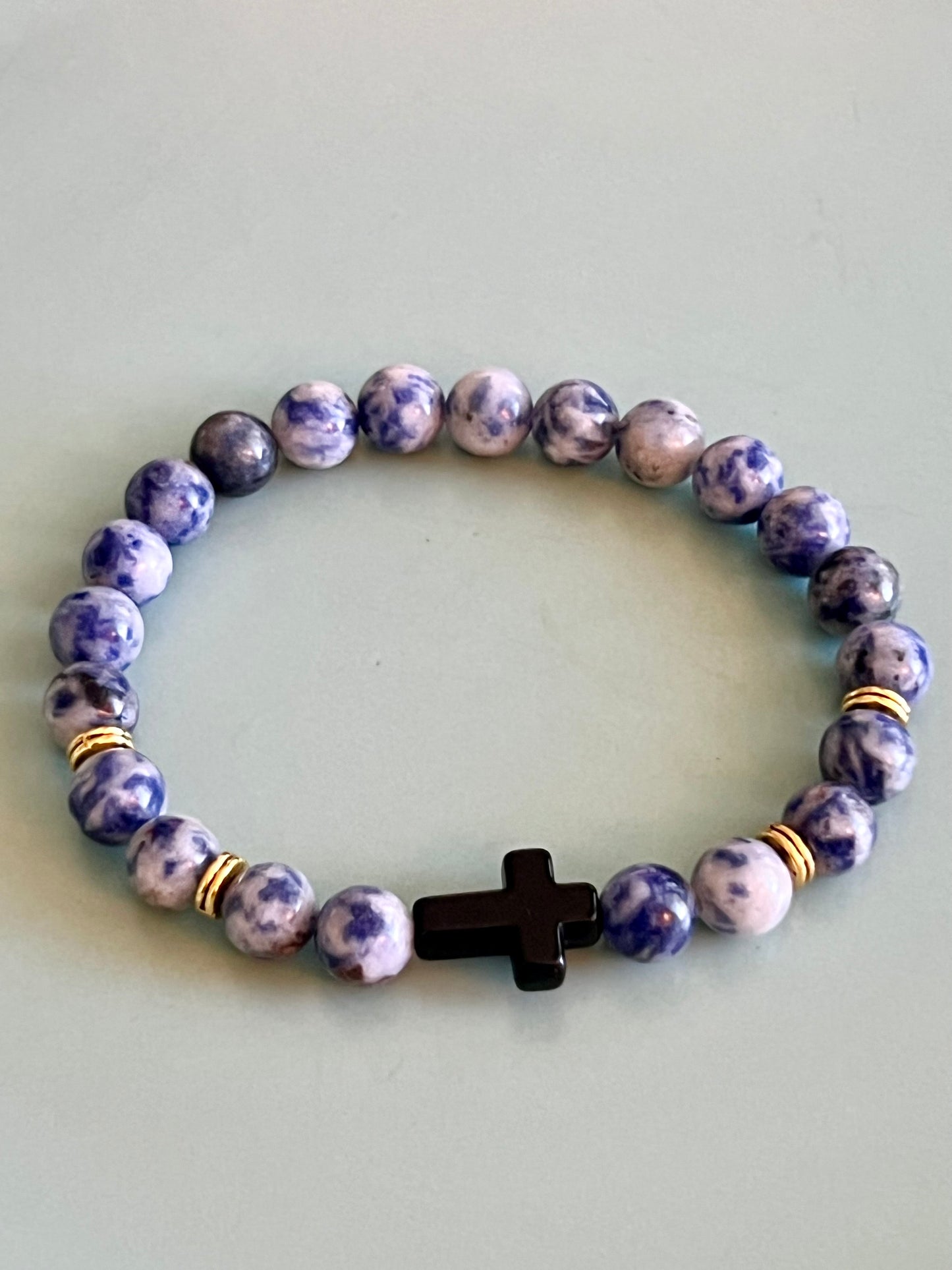 Chic Light Purple Bead and Black Cross Elastic Bead Bracelet. Natural Stone, Boho style