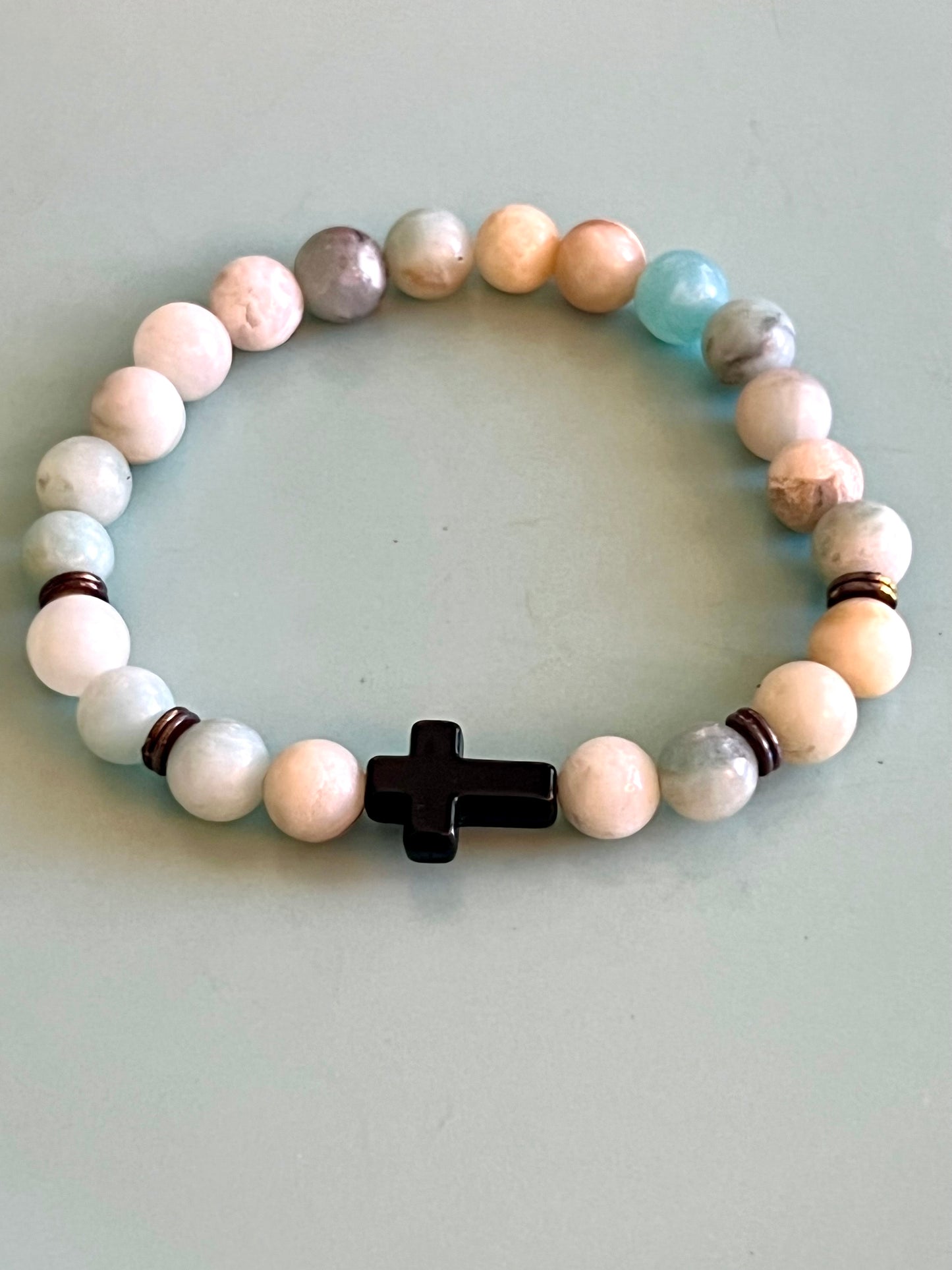 Chic Multi Colored Bead and Black Cross Elastic Bead Bracelet. Natural Stone, Boho style