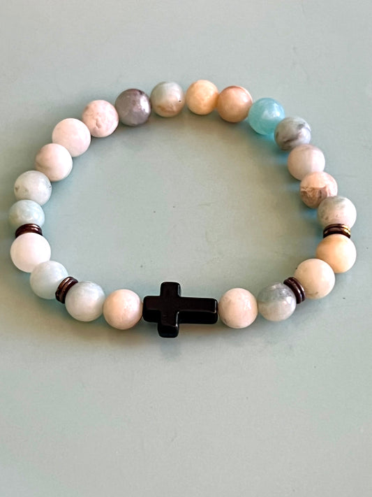 Chic Multi Colored Bead and Black Cross Elastic Bead Bracelet. Natural Stone, Boho style