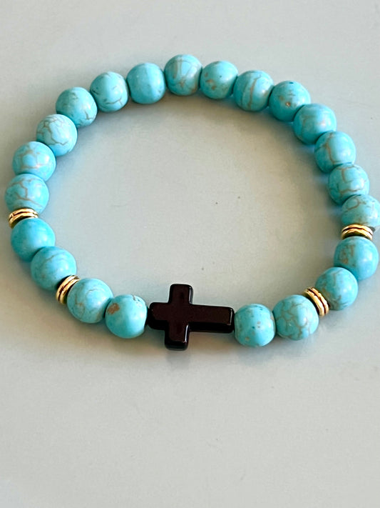 Chic Turquoise and Black Cross Elastic Bead Bracelet. Natural Stone, Boho style