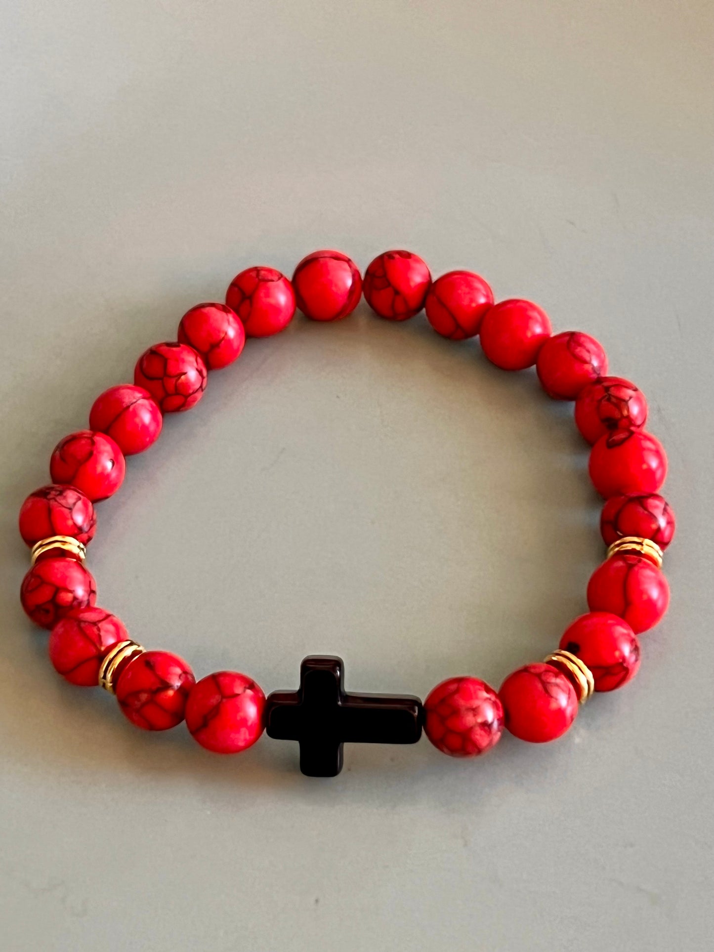 Chic Red and Black Cross Elastic Bead Bracelet. Natural Stone, Boho style