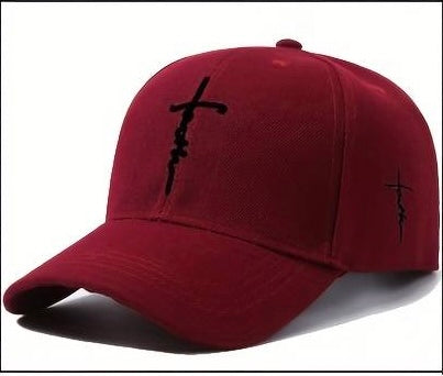 Faith Cross Embroidery Red Wine Cap