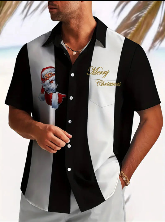 Short Sleeve Black/White Button Up Santa Design Shirt.