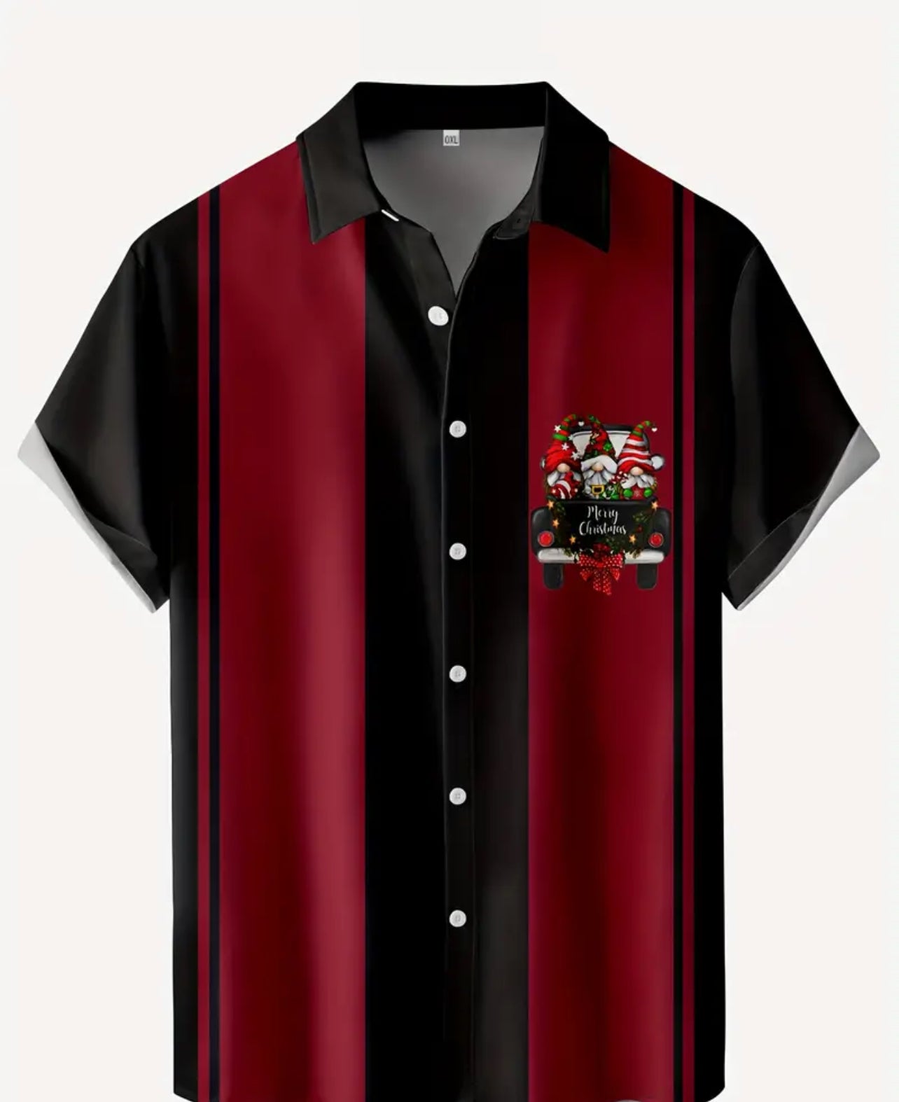 Short Sleeve Black/Red Button Up Santas Design Shirt.