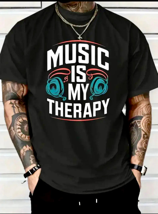 Men’s relaxed fit black graphic T-shirt.  “Music is my Therapy and headphone” design.