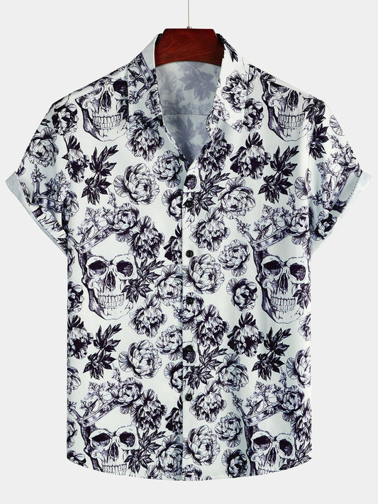 Men’s Black/White Floral Skull Short Sleeve Button Down Shirt