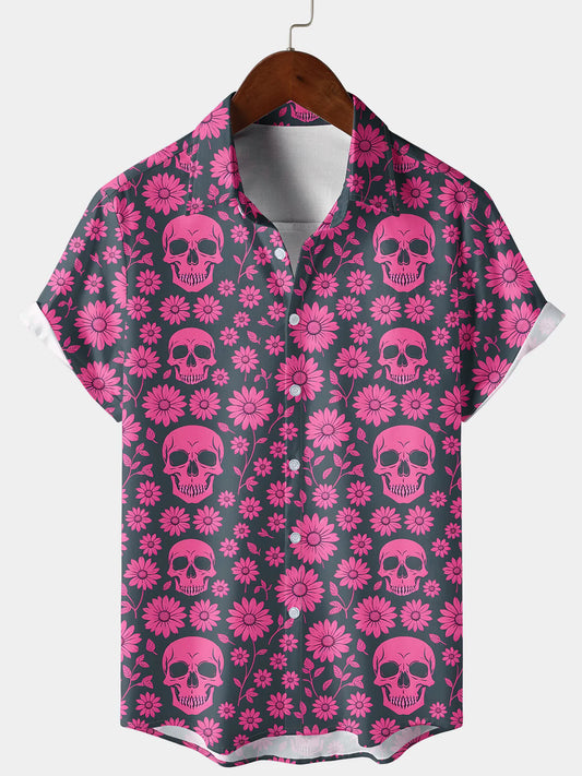 Men’s Floral Pink Skull Short Sleeve Button Down Shirt