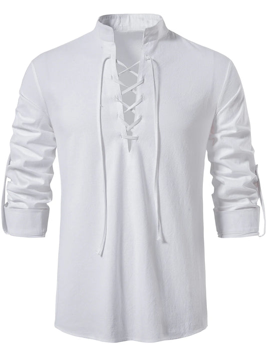 Men’s White Solid Drawstring Breathable Cotton Long Sleeve Shirt