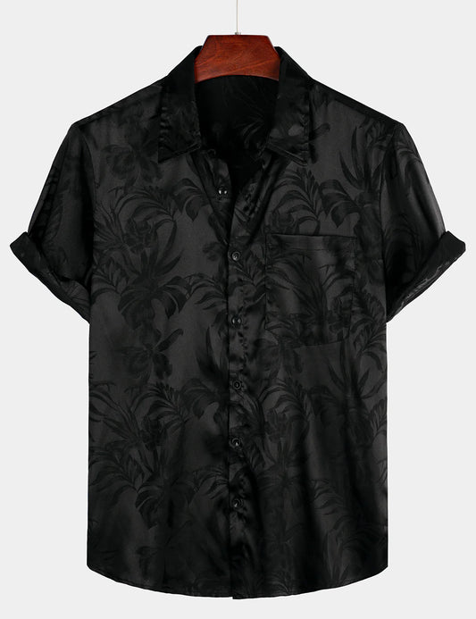 Men’s Black Floral  Short Sleeve Button Down Shirt