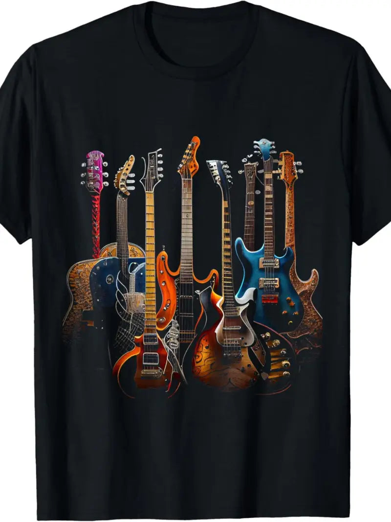 Black Guitar print Short Sleeve T-Shirt.