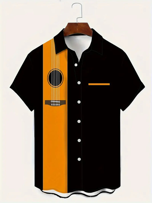 Black and Orange Guitar Button Down Short Sleeve Shirt