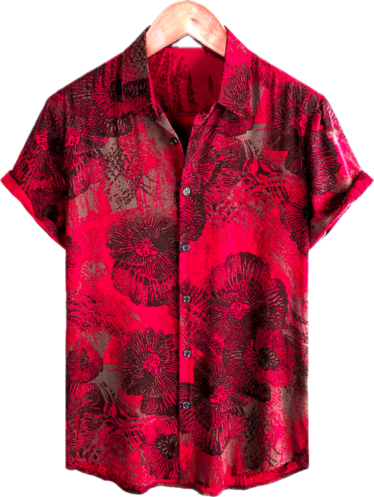 Men’s Red Floral Button Down Short Sleeve Shirt