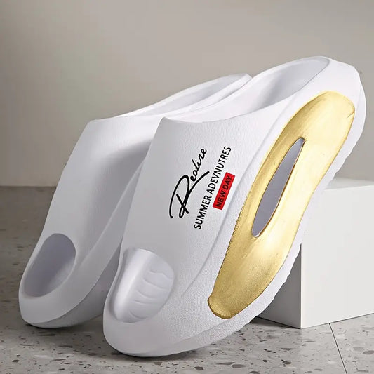 Men’s White & Gold Open Toe Non Slip House Shoe