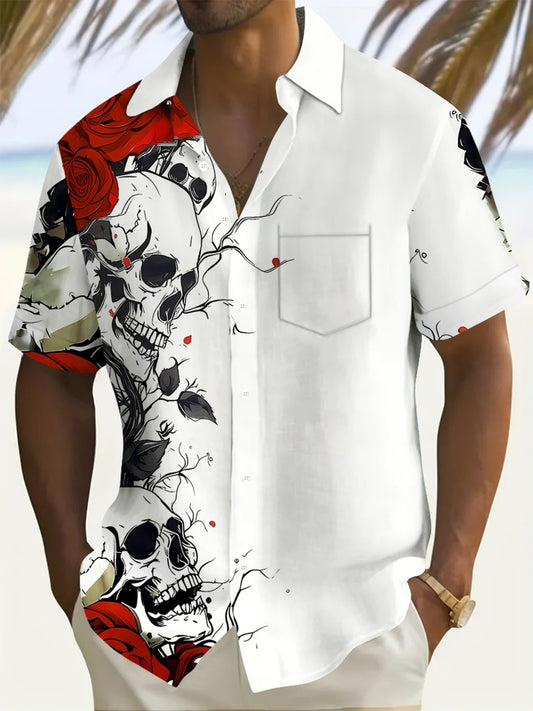 Men’s Short sleeve button up Black Skull & Red Rose White Shirt