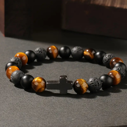 Tiger Eye Black, Gray, and Brown Retro Cross Bracelet