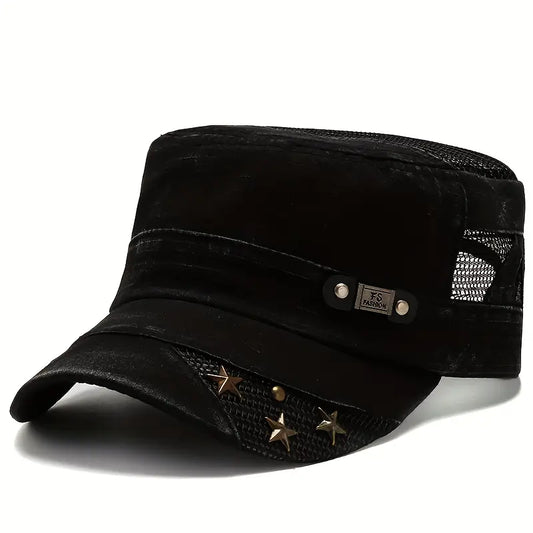 Men’s Sporty Flat Top Hat, Black Polyester breathable Mesh Panel & Star Accents.