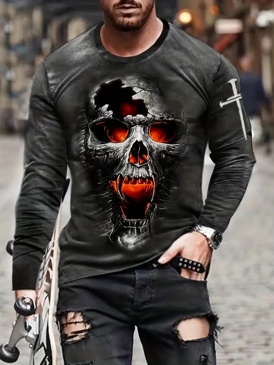 Men’s 3D Gothic Skull & Cross Long Sleeve T- Shirt
