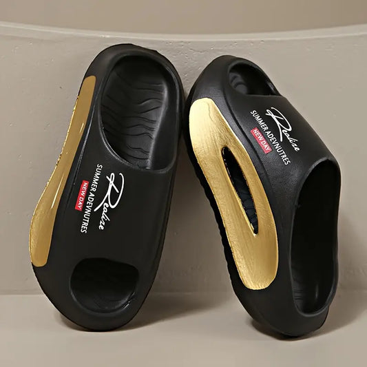 Men’s Comfortable Black and Gold Open Toe House Shoe